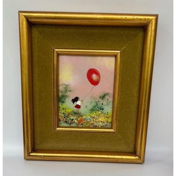 VNT LOUIS CARDIN SIGNED ENAMEL ON COPPER FRAMED PAINTING GIRL WITH RED BALLOON
